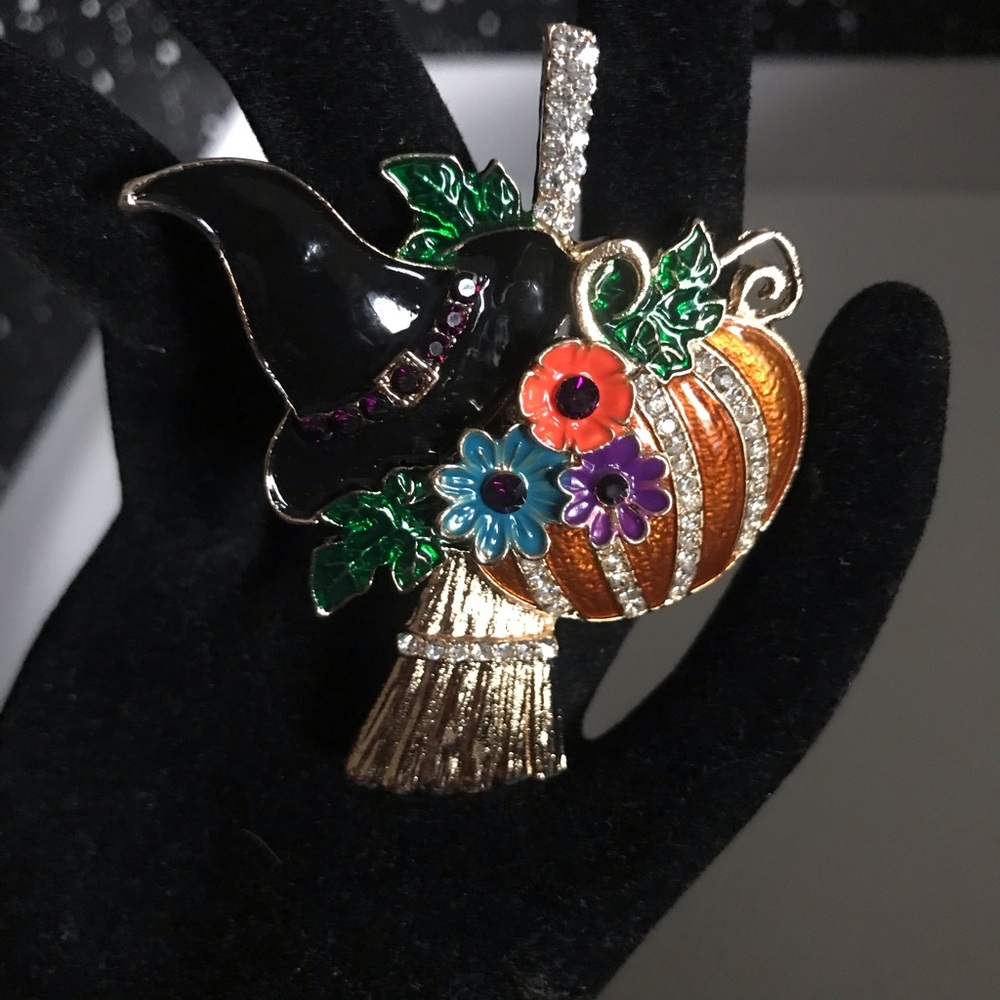 Festive Witch Hat & Pumpkin Enamel Brooch - Black and Orange